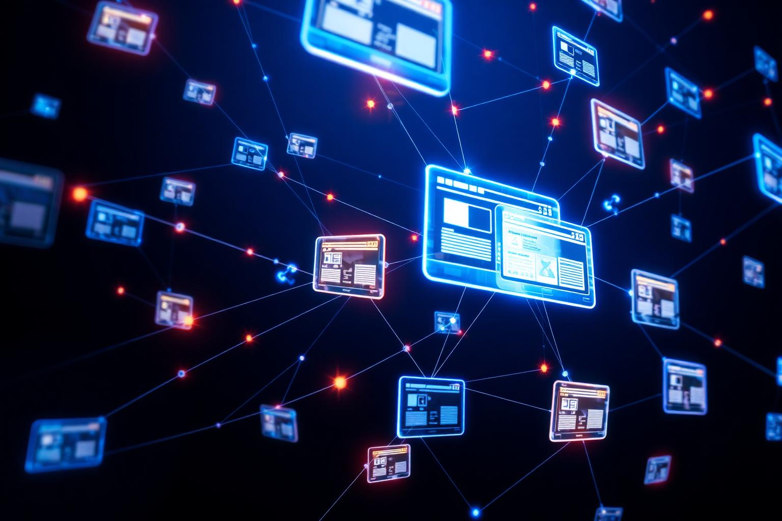 Glowing network of interconnected websites and nodes illustrating Bodhi's AI-powered Hudson Valley local SEO and AEO strategy